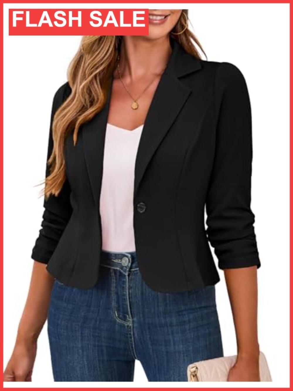 Cropped Blazer 3/4 Sleeve Ruched Business Casual Jacket